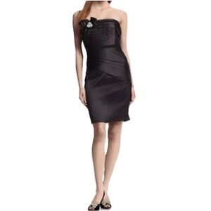 White House Black Market Strapless Black Satin Wiggle Dress Size 14 Pleated Trim